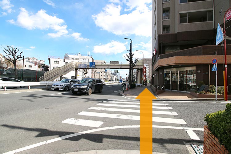 道なりに直進し、正面に見える歩道橋も越えます